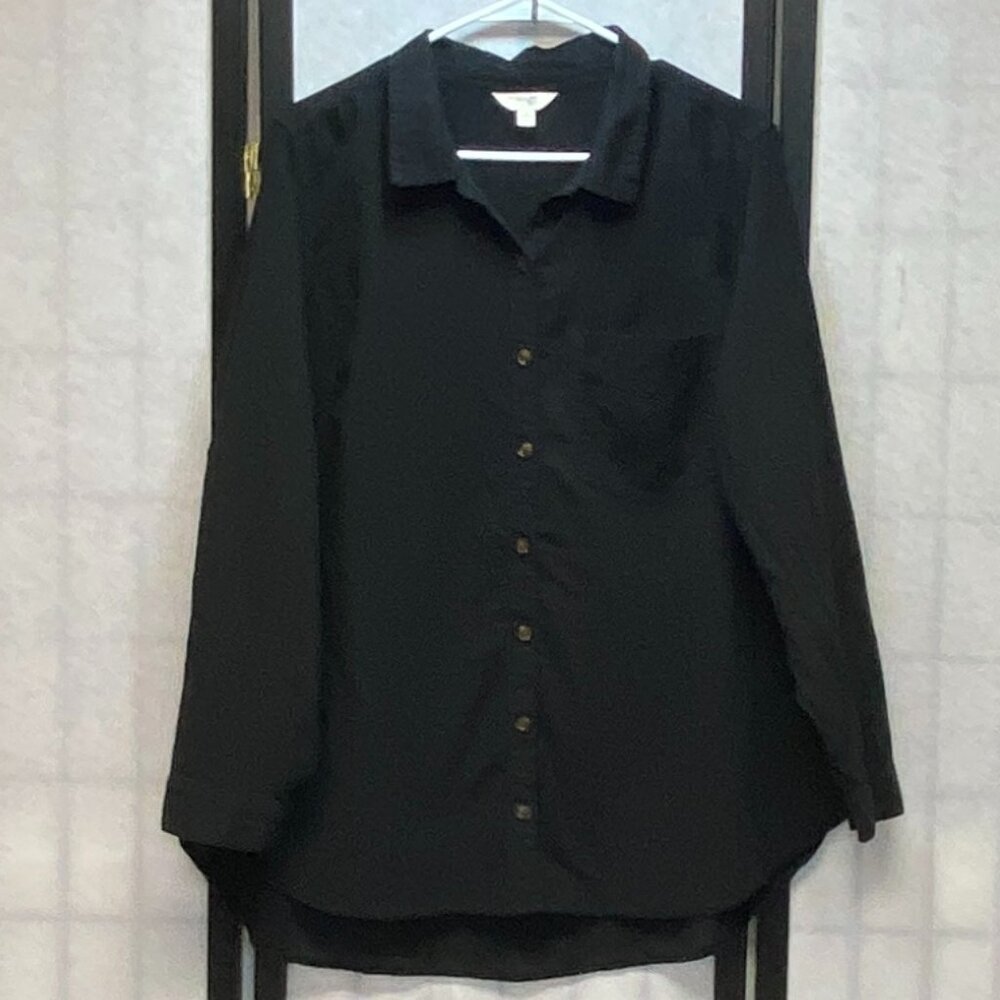 Terra & Sky Collared Relaxed Button Front Long Sleeve Gauze Tunic Shirt Black 1X